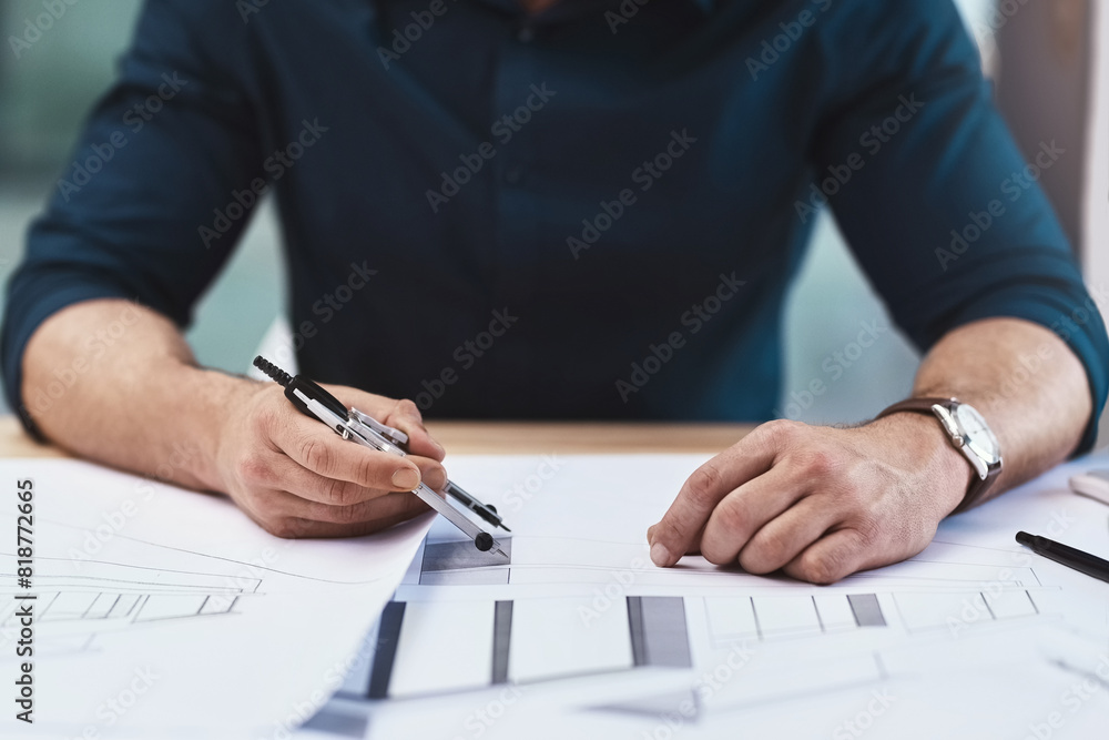Poster architecture, hands and blueprint on table for drawing, sketch and construction plan design. archite