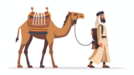 Arab man and camel. Moroccan bedouin holding owning 