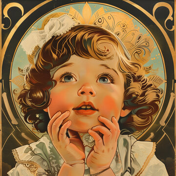 A beautiful little girl with her hands on her face, looking up at something she wants very much, art deco style.