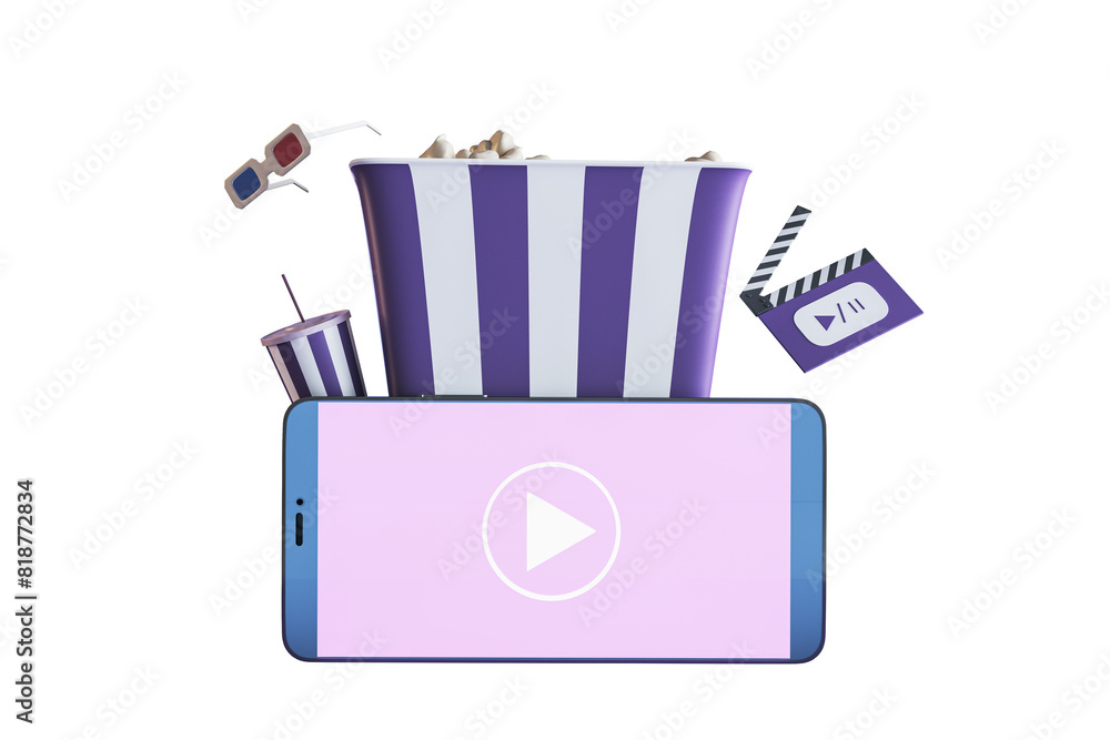 Poster a smartphone with a play button screen, floating cinema attributes on a white background, depicting 