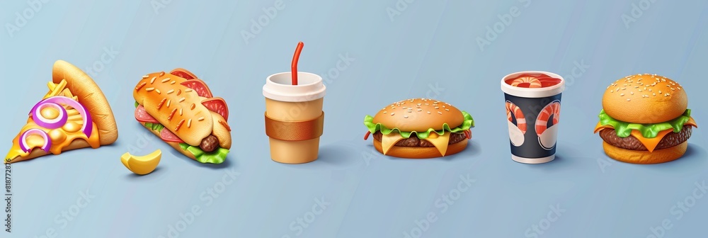Poster various types of food arranged on a blue background. generative ai