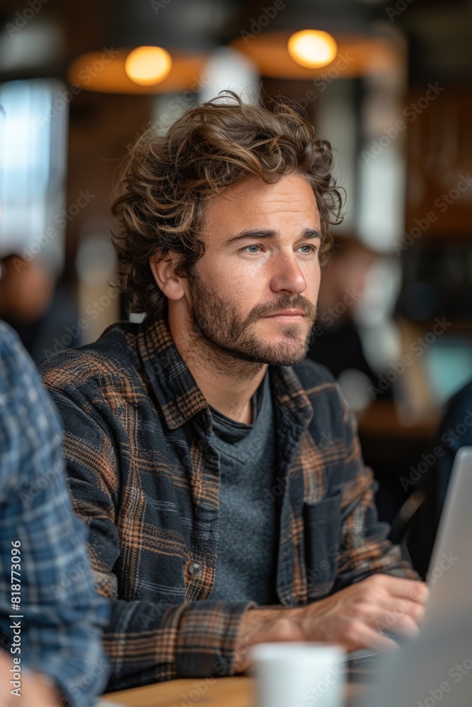Poster man working at table with laptop