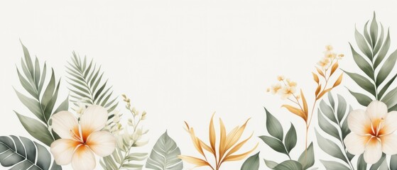 tropical leaves and flowers in a soft watercolor style background
