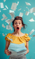 A woman in a yellow shirt is holding a stack of papers and has an open mouth. Concept of surprise or shock, as if the woman has just received some unexpected news or information