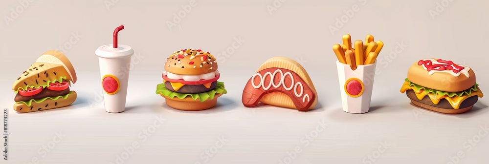 Poster A collection of small hamburgers and fries neatly arranged on a plate, showcasing a variety of toppings and condiments. Generative AI