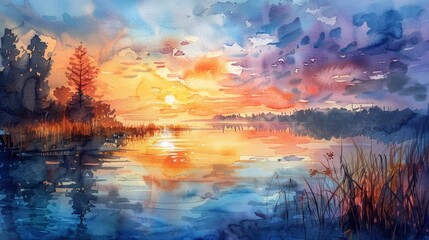 An inspiring watercolor painting of a serene sunrise over a tranquil lake, capturing the tranquility of nature and the beauty of new beginnings.