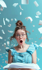 A woman with her hair in a bun and glasses is holding a stack of papers. She looks surprised and is surrounded by paper shreds. Concept of chaos and disarray