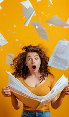A woman is holding an open book with pages flying out of it. She has an open mouth and is looking surprised. Concept of chaos and disarray, as if the pages are being scattered in all directions