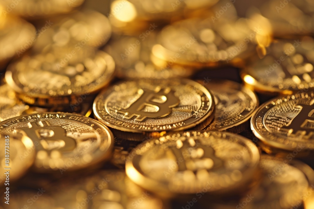 Aufkleber a pile of shiny golden bitcoin coins stacked on top of each other in a close-up view. generative ai