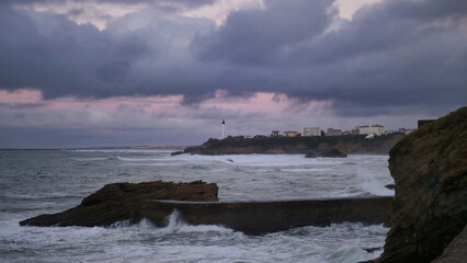 Scenic view of Biarritz sunset with lighthouse in the background