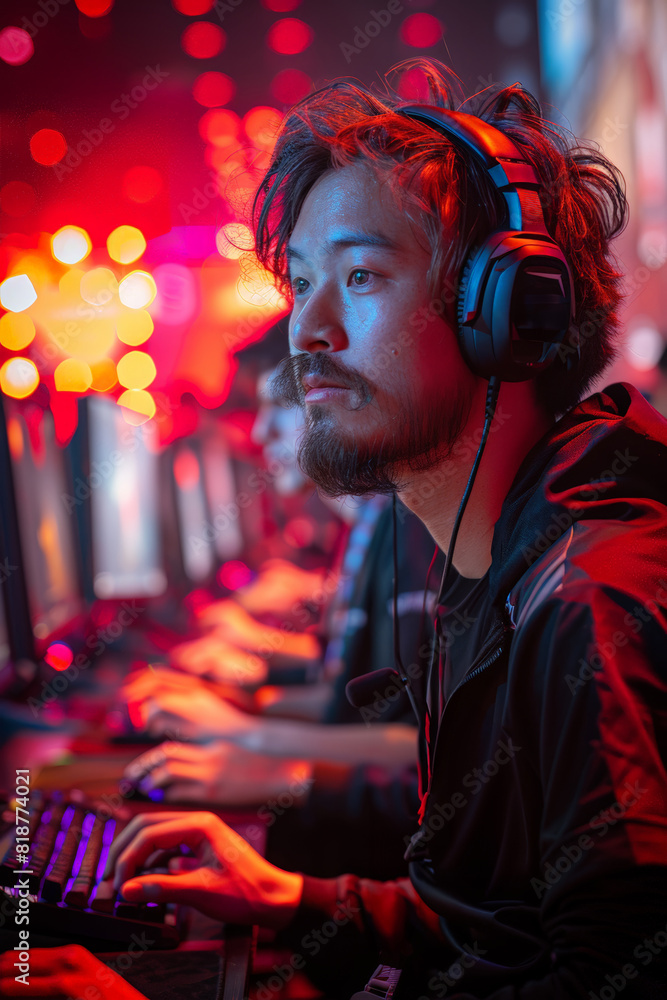 Poster man working at computer with headphones