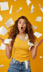 A woman in a yellow shirt is surrounded by paper flying in the air. She is making a surprised face, and the scene conveys a sense of chaos and excitement