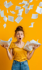 A woman in a yellow shirt is holding a bunch of papers in her hands, with her mouth open in shock. Concept of chaos and disarray, as if the papers are flying everywhere