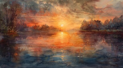 An inspiring watercolor painting of a serene sunrise over a tranquil lake, capturing the tranquility of nature and the beauty of new beginnings.