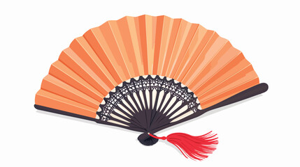 Asian paper hand fan with fringe decor. Japanese souv