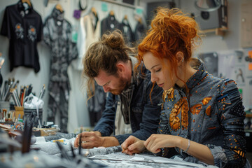 Man and woman collaborating on artwork