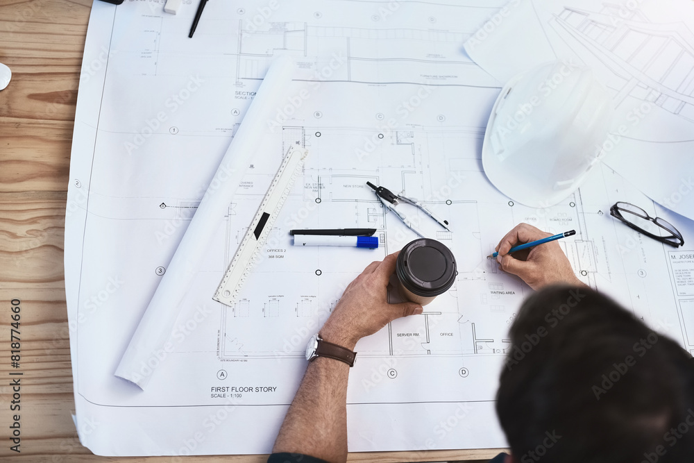 Aufkleber person, hands and architecture blueprint or engineering design for building development, floor plan 