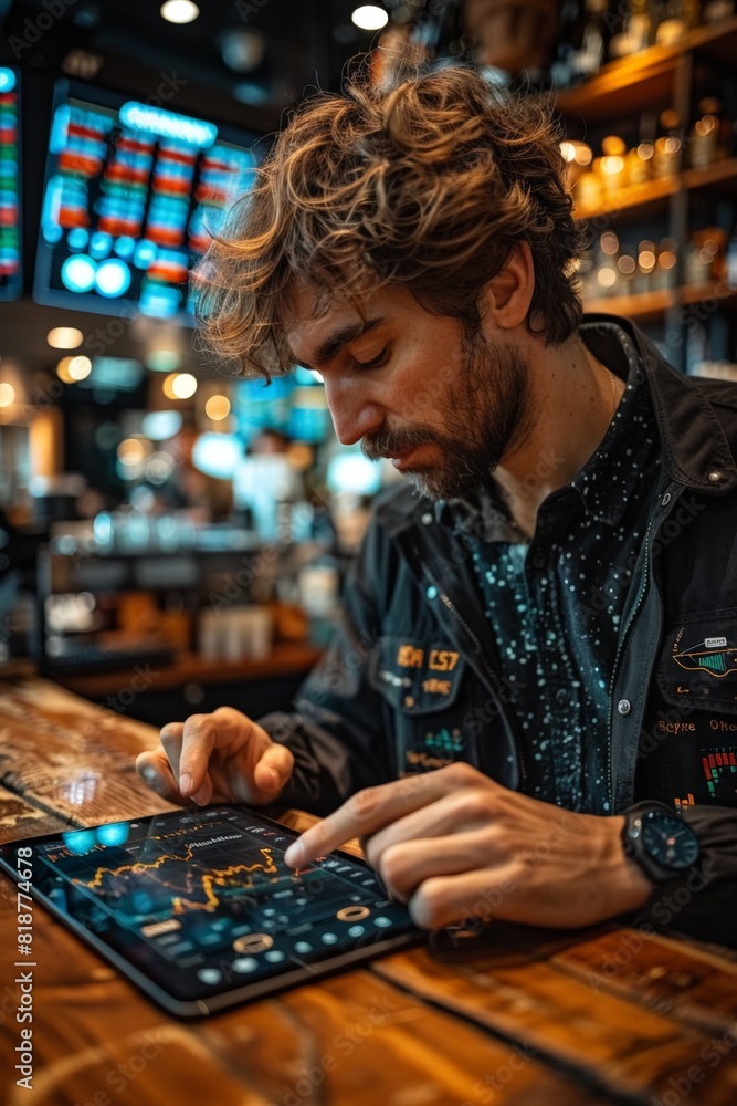 Poster man at bar using tablet for financial analysis