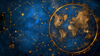 World map and star map, abstract background, on a blue background,