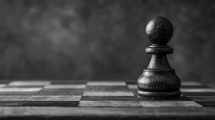A minimalist image featuring a single black chess piece, the queen, under a spotlight on a dark wood board