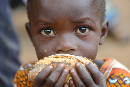 African hungry poor child eats bread