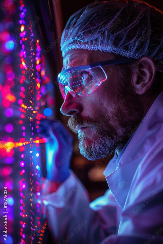 Poster geneticist studying dna sequences on computer display