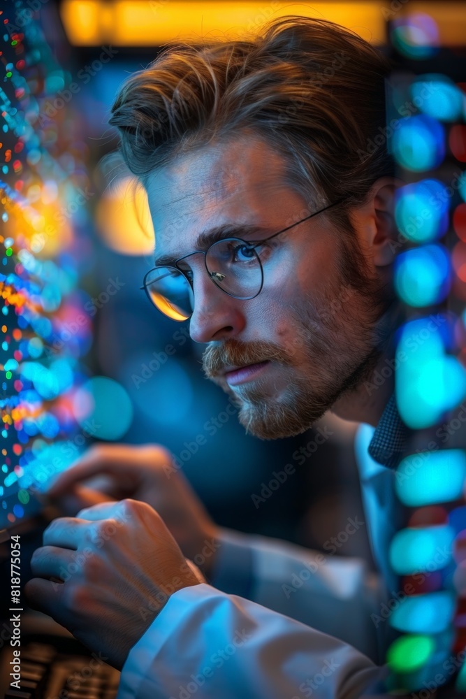 Poster man with glasses analyzing dna sequences on computer screen