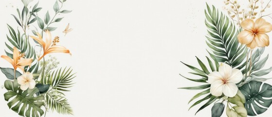 tropical leaves and flowers in a soft watercolor style background