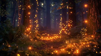 A forest filled with numerous yellow lights glowing, creating a magical and enchanting atmosphere. Generative AI