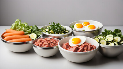 There are five stainless steel bowls on a white table. Four of the bowls contain raw meat, eggs,...