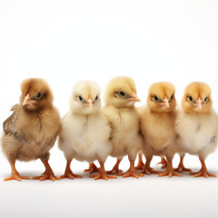 A group of baby chicks standing in a row. The chicks are of different colors, including brown, white, and yellow. Concept of unity and harmony among the chicks, despite their differences in appearance