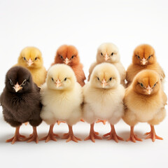 A group of baby chicks standing in a row. The chicks are of different colors, including brown, white, and yellow. Concept of unity and diversity
