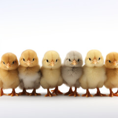 A row of baby chicks standing in a line. The chicks are all different colors, including yellow, white, and gray