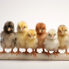 A group of baby chicks standing on a wooden post. The chicks are of different colors, including brown, white, and yellow. Concept of innocence and curiosity