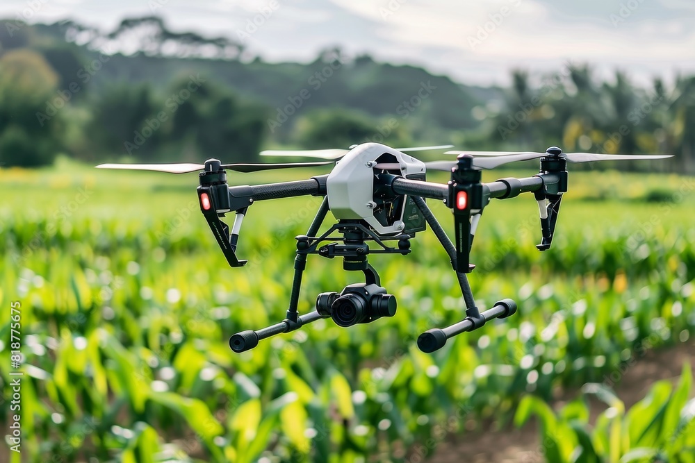 Poster smart farming applications with modern drone technology, featuring field monitoring and advanced vec
