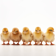 A group of five baby chicks standing in a row. They are all facing the same direction and appear to be angry