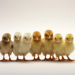 A group of baby chicks standing in a row. The chicks are of different colors, including brown and yellow. Concept of innocence and cuteness, as the baby chicks are adorable and pose for the camera