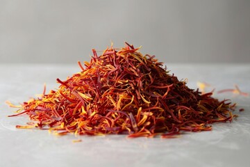 Fototapeta premium Saffron handful of seasoning on gray background