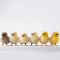 A row of baby chicks in various colors, including yellow, brown, and white. The chicks are standing on a white surface, and they are all facing the same direction