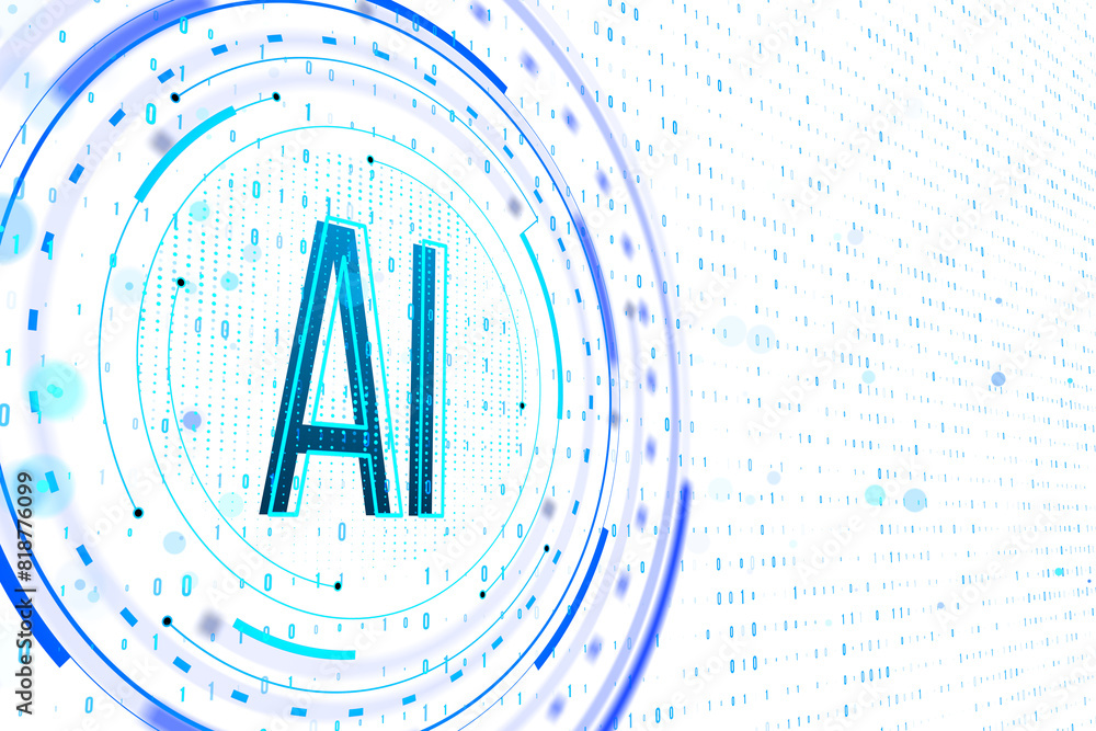 Poster A vivid digital concept centered on 'AI' with a circular futuristic interface and binary code on a white background