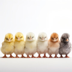 A group of baby chicks standing in a row. The chicks are of different colors, including yellow, white, and gray. Concept of innocence and cuteness, as the baby chicks are adorable