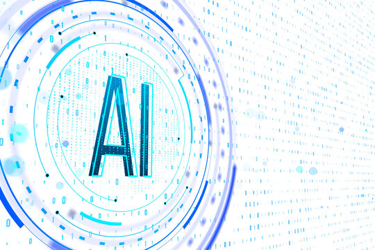 A vivid digital concept centered on 'AI' with a circular futuristic interface and binary code on a white background
