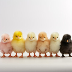 A row of baby chicks in various colors stand in a line. The chicks are all different colors, including yellow, pink, and black. Concept of diversity and individuality