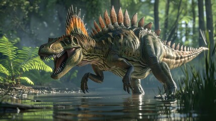  3D render animation of close up spinosaurus at a creek in the water in prehistoric setting, dinosaur concept.