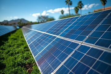 Row of solar panels over lush green field