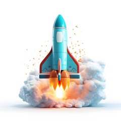 Naklejka premium Cartoon rocket taking off isolated on white background. 3d rendering. Generative AI.