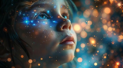 A child s face lit up with wonder, colorful holograms of planets and stars swirling around