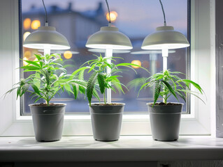 Three potted plants sit on a windowsill, each with a light shining on it. The plants are green and healthy, and the light seems to be providing them with the necessary nutrients to grow