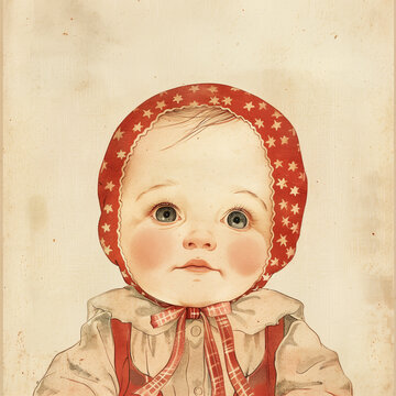 Vintage illustration of an adorable baby, wearing a red bonnet with white stars and a plaid ribbon around its neck, with big round eyes looking at the camera, in vintage muted colors.