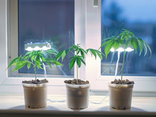 Three small plants are sitting in white pots on a windowsill. The plants are illuminated by a light source, giving them a bright and lively appearance. Concept of growth and vitality